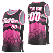 Laden Sie das Bild in den Galerie-Viewer, Custom Black White-Pink Mountain Peak Shards Side Panel Stripe Round Neck Sublimation Basketball Set Jersey
