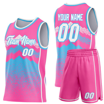 Custom Pink White-Sky Blue Mountain Peak Shards Side Panel Stripe Round Neck Sublimation Basketball Set Jersey