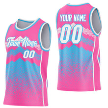Load image into Gallery viewer, Custom Pink White-Sky Blue Mountain Peak Shards Side Panel Stripe Round Neck Sublimation Basketball Set Jersey
