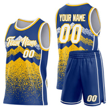 Load image into Gallery viewer, Custom Royal White-Gold Mountain Peak Shards Side Panel Stripe Round Neck Sublimation Basketball Set Jersey

