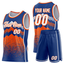 Load image into Gallery viewer, Custom Royal White-Orange Mountain Peak Shards Side Panel Stripe Round Neck Sublimation Basketball Set Jersey
