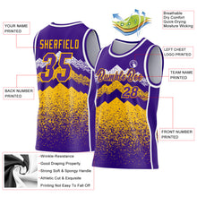 Load image into Gallery viewer, Custom Purple Gold-White Mountain Peak Shards Side Panel Stripe Round Neck Sublimation Basketball Set Jersey
