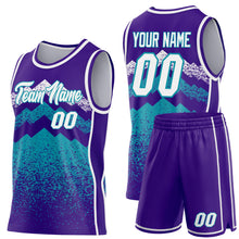 Load image into Gallery viewer, Custom Purple White-Teal Mountain Peak Shards Side Panel Stripe Round Neck Sublimation Basketball Set Jersey
