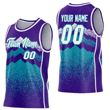 Load image into Gallery viewer, Custom Purple White-Teal Mountain Peak Shards Side Panel Stripe Round Neck Sublimation Basketball Set Jersey

