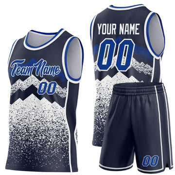 Custom Navy Royal-White Mountain Peak Shards Side Panel Stripe Round Neck Sublimation Basketball Set Jersey