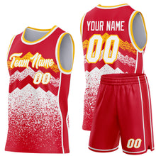 Load image into Gallery viewer, Custom Red White-Gold Mountain Peak Shards Side Panel Stripe Round Neck Sublimation Basketball Set Jersey
