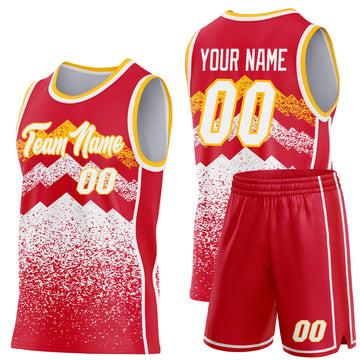 Custom Red White-Gold Mountain Peak Shards Side Panel Stripe Round Neck Sublimation Basketball Set Jersey