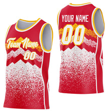 Load image into Gallery viewer, Custom Red White-Gold Mountain Peak Shards Side Panel Stripe Round Neck Sublimation Basketball Set Jersey
