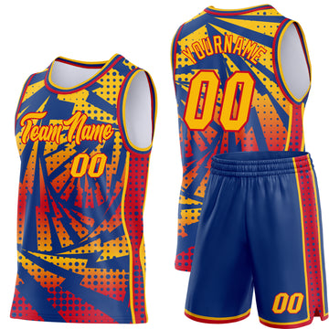 Custom Gold Royal-Red Lightning Gradient Dot Side Panel Stripe Round Neck Sublimation Basketball Set Jersey