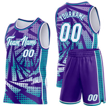 Laden Sie das Bild in den Galerie-Viewer, Custom Purple White-Teal Lightning Gradient Dot Side Panel Stripe Round Neck Sublimation Basketball Set Jersey
