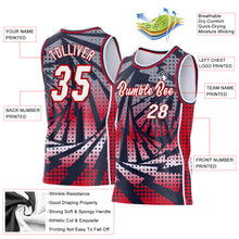 Load image into Gallery viewer, Custom Navy White-Red Lightning Gradient Dot Side Panel Stripe Round Neck Sublimation Basketball Set Jersey
