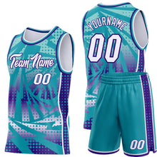 Load image into Gallery viewer, Custom Teal White-Purple Lightning Gradient Dot Side Panel Stripe Round Neck Sublimation Basketball Set Jersey
