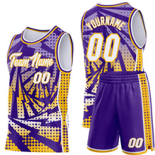 Laden Sie das Bild in den Galerie-Viewer, Custom Purple White-Gold Lightning Gradient Dot Side Panel Stripe Round Neck Sublimation Basketball Set Jersey
