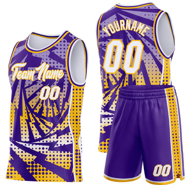 Custom Purple White-Gold Lightning Gradient Dot Side Panel Stripe Round Neck Sublimation Basketball Set Jersey