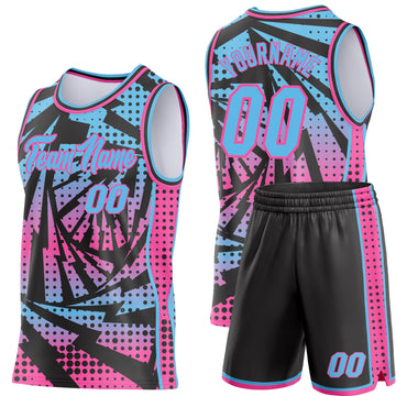 Custom Sky Blue Black-Pink Lightning Gradient Dot Side Panel Stripe Round Neck Sublimation Basketball Set Jersey