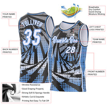 Laden Sie das Bild in den Galerie-Viewer, Custom Black White-Light Blue Lightning Gradient Dot Side Panel Stripe Round Neck Sublimation Basketball Set Jersey
