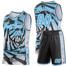 Laden Sie das Bild in den Galerie-Viewer, Custom Sky Blue Black-White Lightning Gradient Dot Side Panel Stripe Round Neck Sublimation Basketball Set Jersey
