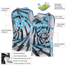 Laden Sie das Bild in den Galerie-Viewer, Custom Sky Blue Black-White Lightning Gradient Dot Side Panel Stripe Round Neck Sublimation Basketball Set Jersey

