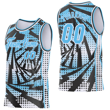 Custom Sky Blue Black-White Lightning Gradient Dot Side Panel Stripe Round Neck Sublimation Basketball Set Jersey