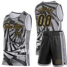 Load image into Gallery viewer, Custom Gray Black White-Old Gold Lightning Gradient Dot Side Panel Stripe Round Neck Sublimation Basketball Set Jersey
