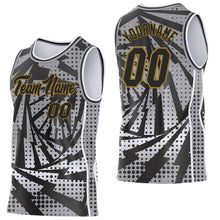 Load image into Gallery viewer, Custom Gray Black White-Old Gold Lightning Gradient Dot Side Panel Stripe Round Neck Sublimation Basketball Set Jersey
