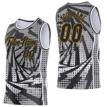 Custom Gray Black White-Old Gold Lightning Gradient Dot Side Panel Stripe Round Neck Sublimation Basketball Set Jersey