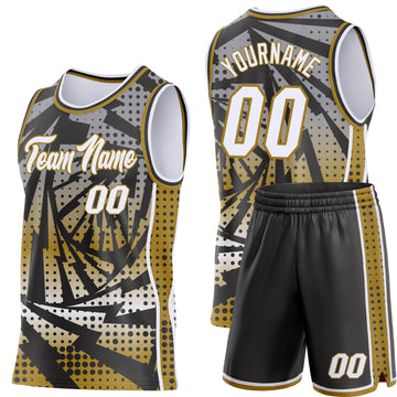 Custom Old Gold White-Black Lightning Gradient Dot Side Panel Stripe Round Neck Sublimation Basketball Set Jersey