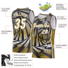 Load image into Gallery viewer, Custom Old Gold White-Black Lightning Gradient Dot Side Panel Stripe Round Neck Sublimation Basketball Set Jersey
