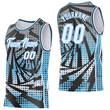 Load image into Gallery viewer, Custom Sky Blue White-Black Lightning Gradient Dot Side Panel Stripe Round Neck Sublimation Basketball Set Jersey
