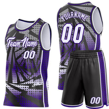 Load image into Gallery viewer, Custom Purple White-Black Lightning Gradient Dot Side Panel Stripe Round Neck Sublimation Basketball Set Jersey
