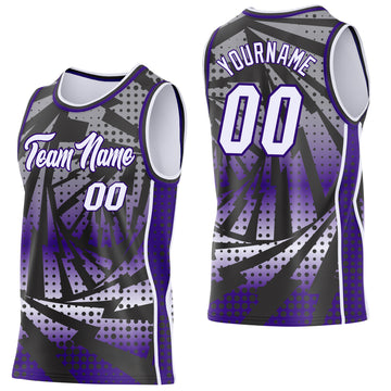 Custom Purple White-Black Lightning Gradient Dot Side Panel Stripe Round Neck Sublimation Basketball Set Jersey