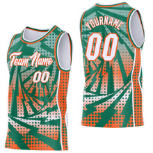 Laden Sie das Bild in den Galerie-Viewer, Custom Kelly Green White-Orange Lightning Gradient Dot Side Panel Stripe Round Neck Sublimation Basketball Set Jersey
