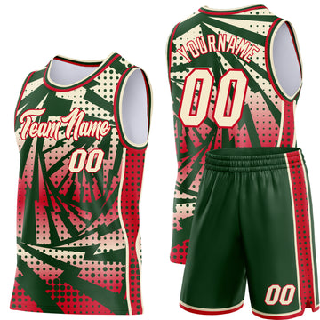 Custom Green Cream-Red Lightning Gradient Dot Side Panel Stripe Round Neck Sublimation Basketball Set Jersey