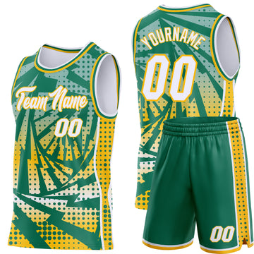 Custom Kelly Green White-Gold Lightning Gradient Dot Side Panel Stripe Round Neck Sublimation Basketball Set Jersey