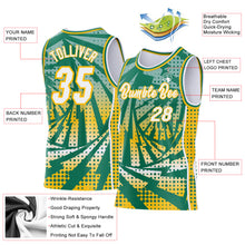 Laden Sie das Bild in den Galerie-Viewer, Custom Kelly Green White-Gold Lightning Gradient Dot Side Panel Stripe Round Neck Sublimation Basketball Set Jersey
