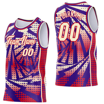 Custom Purple Cream-Red Lightning Gradient Dot Side Panel Stripe Round Neck Sublimation Basketball Set Jersey