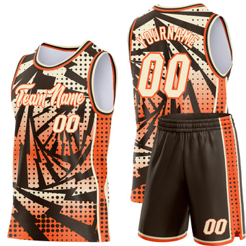 Custom Orange Cream-Brown Lightning Gradient Dot Side Panel Stripe Round Neck Sublimation Basketball Set Jersey