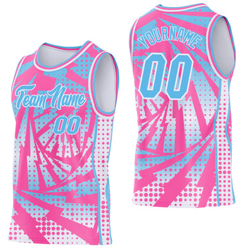 Custom Pink Sky Blue-White Lightning Gradient Dot Side Panel Stripe Round Neck Sublimation Basketball Set Jersey