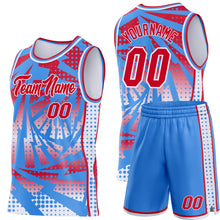 Laden Sie das Bild in den Galerie-Viewer, Custom Powder Blue Red-White Lightning Gradient Dot Side Panel Stripe Round Neck Sublimation Basketball Set Jersey
