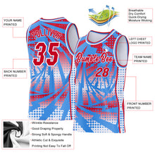 Laden Sie das Bild in den Galerie-Viewer, Custom Powder Blue Red-White Lightning Gradient Dot Side Panel Stripe Round Neck Sublimation Basketball Set Jersey
