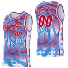 Laden Sie das Bild in den Galerie-Viewer, Custom Powder Blue Red-White Lightning Gradient Dot Side Panel Stripe Round Neck Sublimation Basketball Set Jersey
