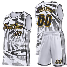 Load image into Gallery viewer, Custom White Black Gray-Old Gold Lightning Gradient Dot Side Panel Stripe Round Neck Sublimation Basketball Set Jersey
