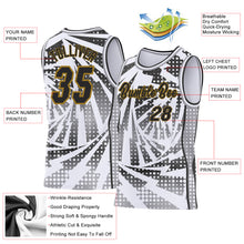 Load image into Gallery viewer, Custom White Black Gray-Old Gold Lightning Gradient Dot Side Panel Stripe Round Neck Sublimation Basketball Set Jersey
