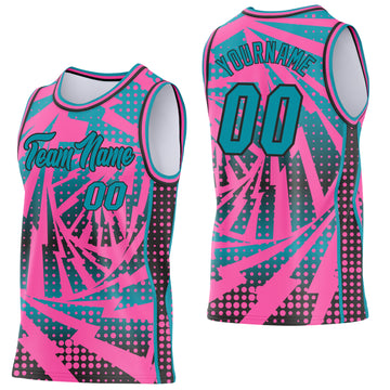 Custom Pink Teal-Black Lightning Gradient Dot Side Panel Stripe Round Neck Sublimation Basketball Set Jersey