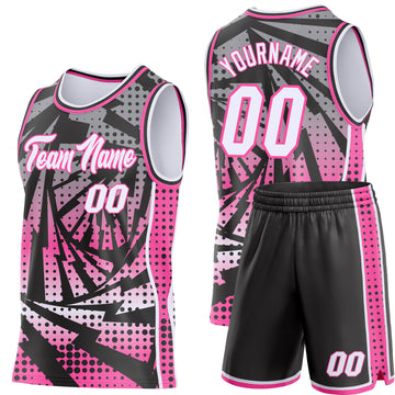 Custom Black White-Pink Lightning Gradient Dot Side Panel Stripe Round Neck Sublimation Basketball Set Jersey