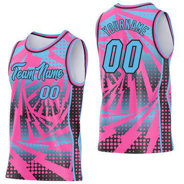 Custom Pink Sky Blue-Black Lightning Gradient Dot Side Panel Stripe Round Neck Sublimation Basketball Set Jersey
