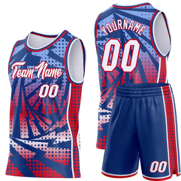 Custom Royal White-Red Lightning Gradient Dot Side Panel Stripe Round Neck Sublimation Basketball Set Jersey