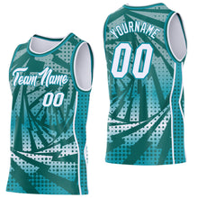 Load image into Gallery viewer, Custom Teal White-Midnight Green Lightning Gradient Dot Side Panel Stripe Round Neck Sublimation Basketball Set Jersey
