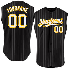Load image into Gallery viewer, Custom Black White Pinstripe Gold Authentic Sleeveless Baseball Jersey
