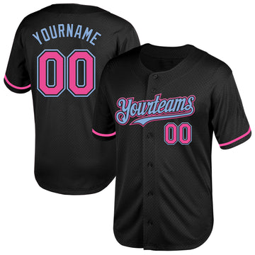 Custom Black Pink-Light Blue Mesh Authentic Throwback Baseball Jersey